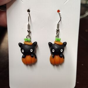 Cute Black Cat Pumpkin Earrings